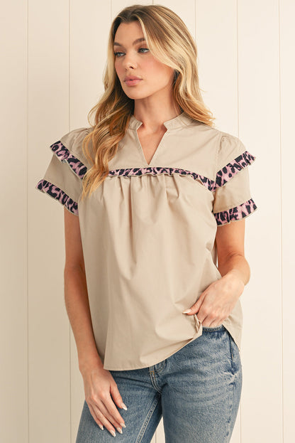 Smoke Gray Leopard Frill Detail V Neck Blouse