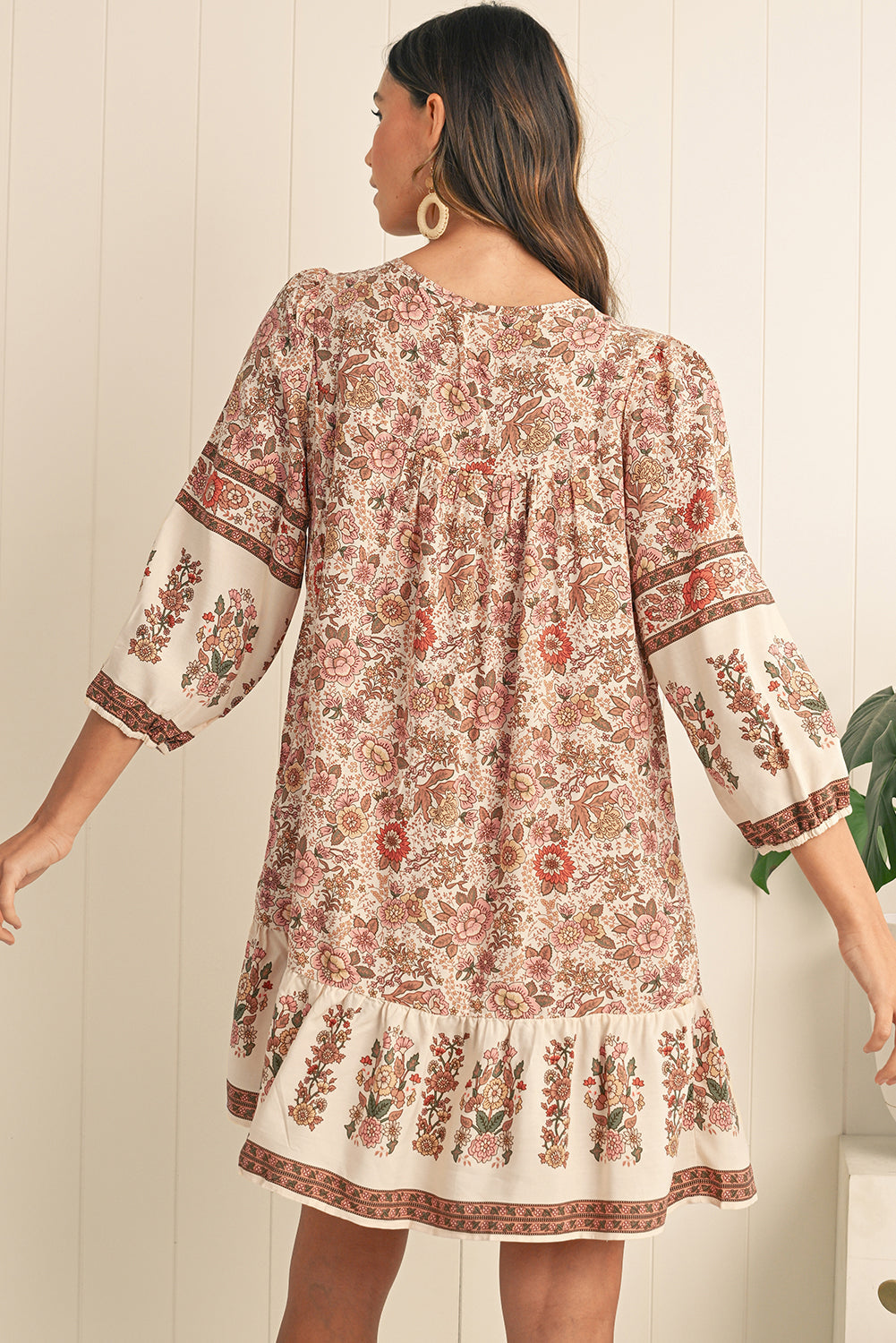 Apricot Floral Print Tassel Drawstring V Neck Loose Mini Dress