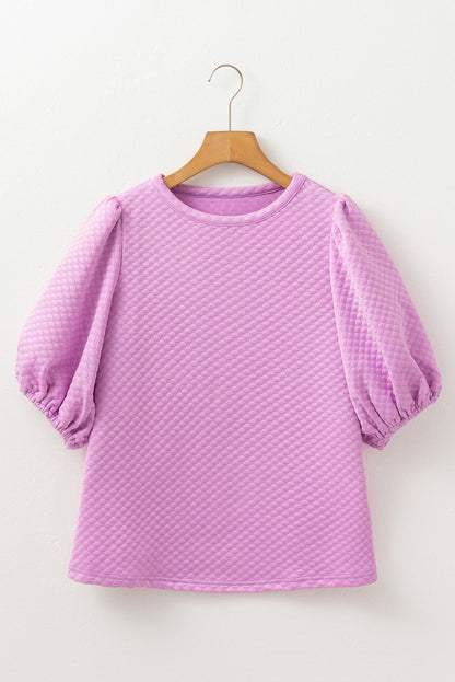 White Solid Textured O Neck Puff Sleeve Blouse