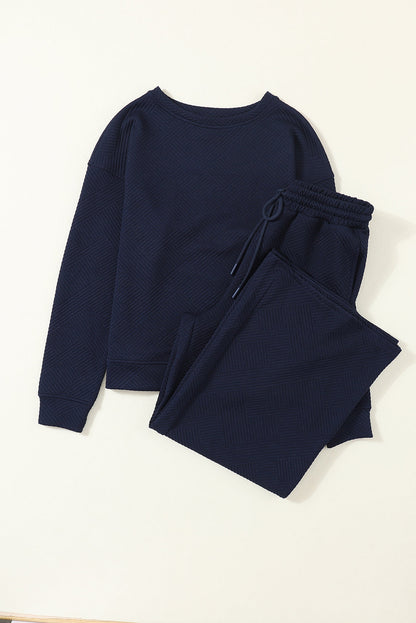 Dark Khaki Textured Loose Slouchy Long Sleeve Top and Pants Set
