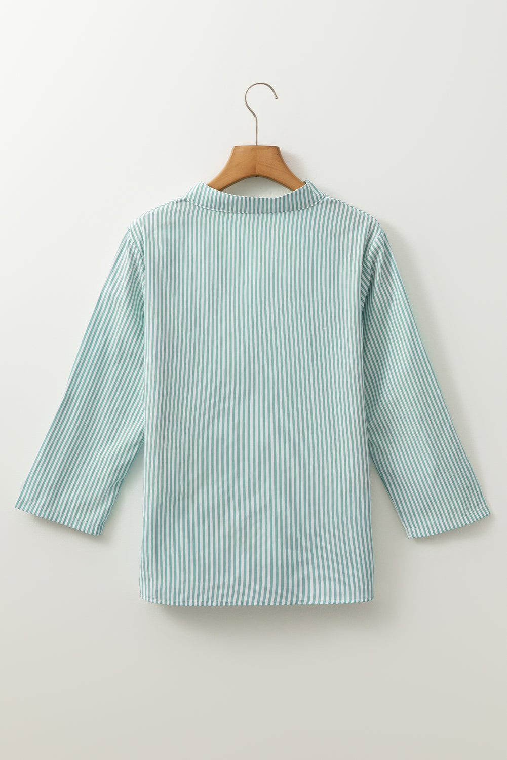 Green Stripe V Neck Pocket Roll-Up Sleeve Shirt