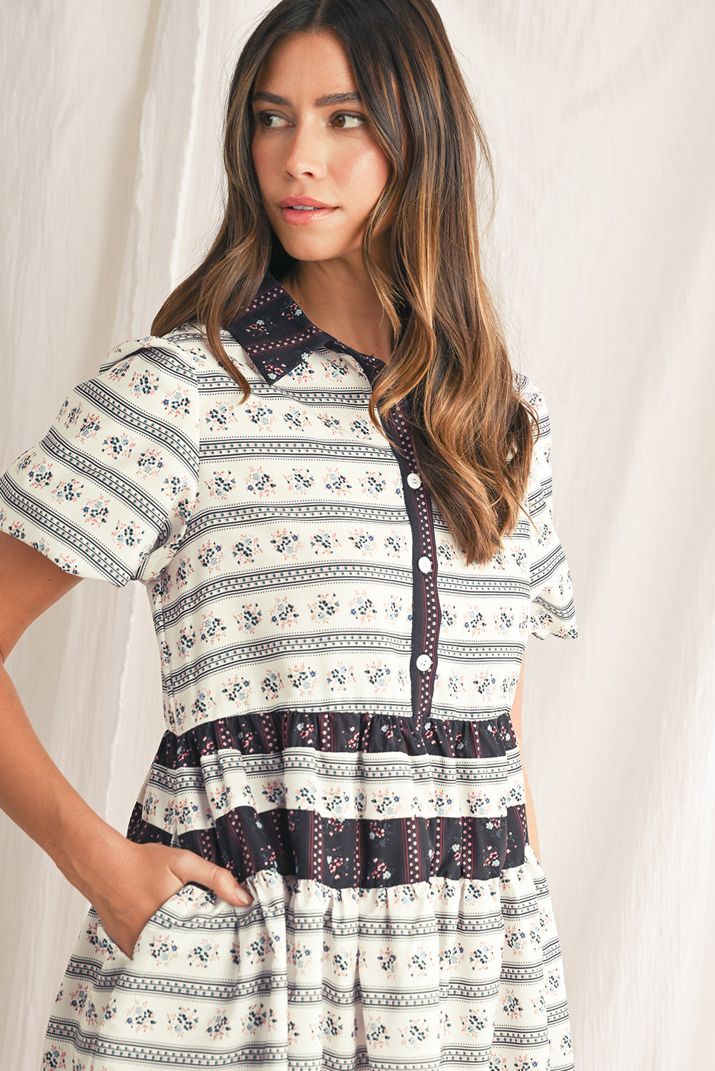 Black Boho Striped Floral Bubble Sleeve Mini Dress