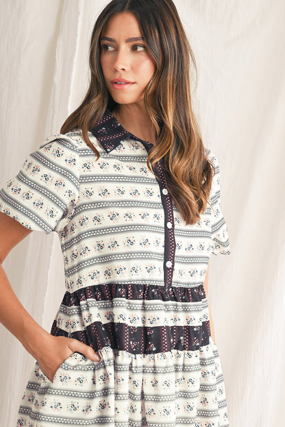 Black Boho Striped Floral Bubble Sleeve Mini Dress