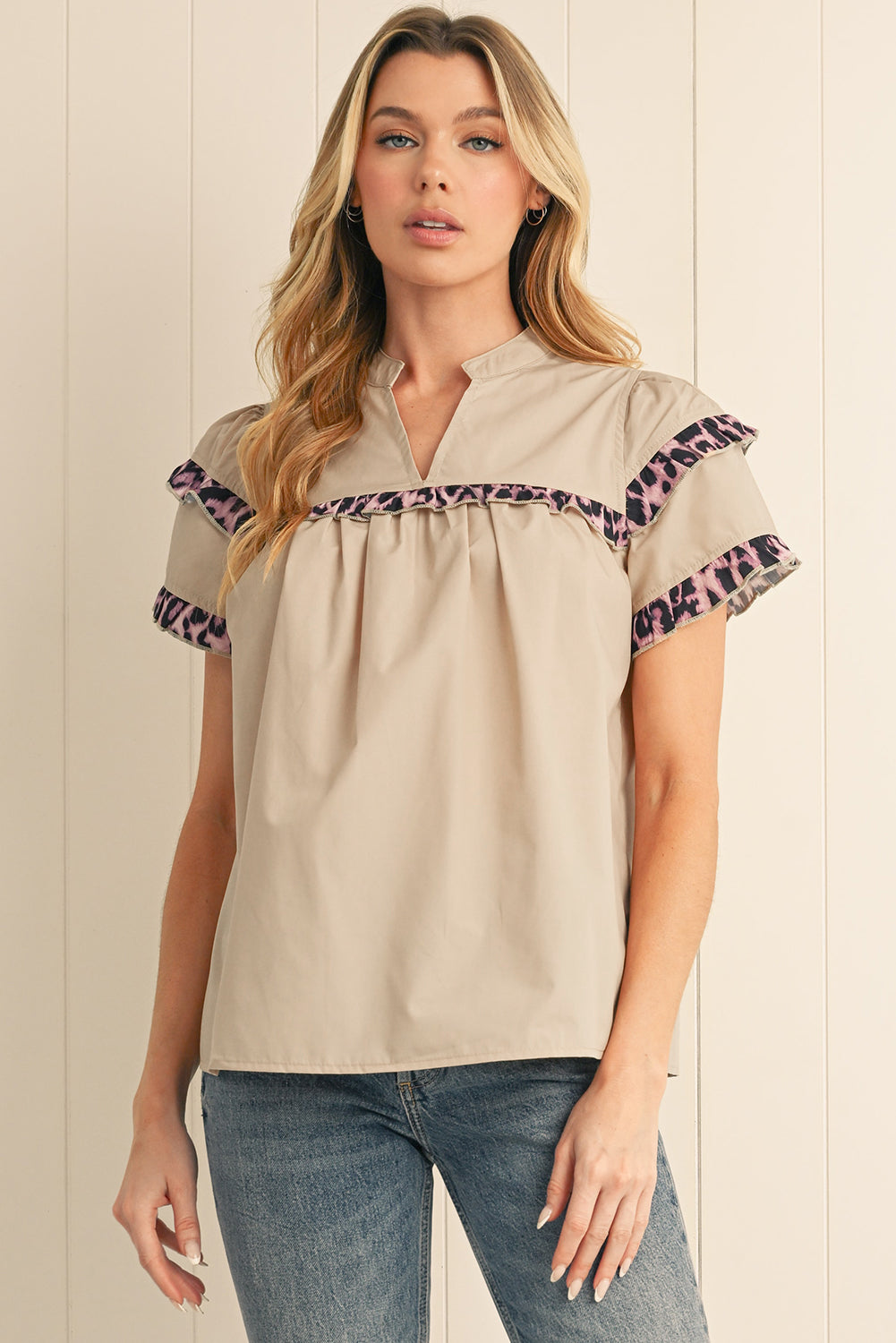 Smoke Gray Leopard Frill Detail V Neck Blouse