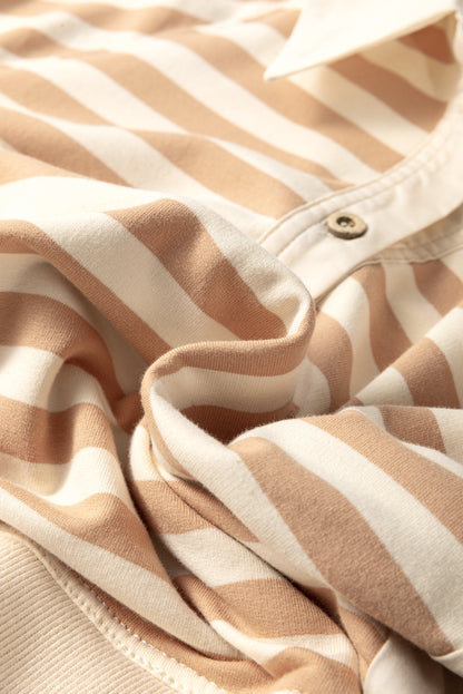 Khaki Striped Patchwork Short Sleeve Collared Mini Dress