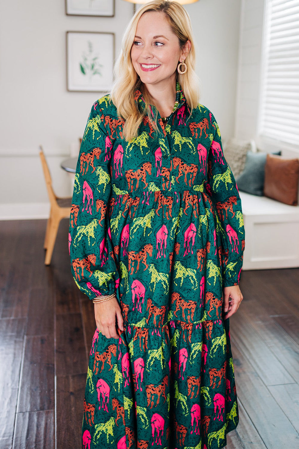 Green Horse Print Long Sleeve Collared Button Plus Size Midi Dress