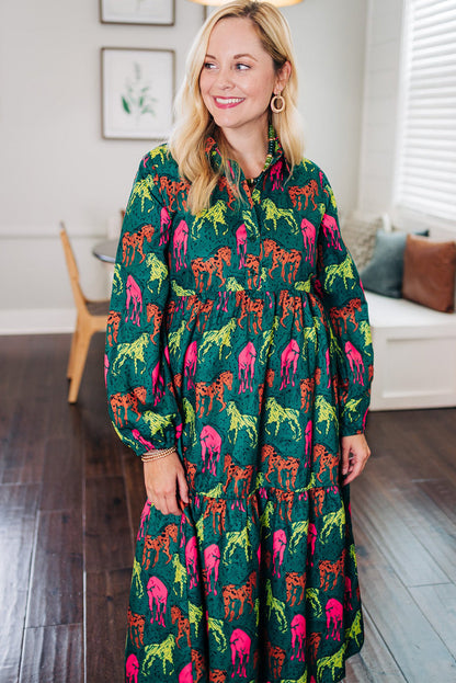 Green Horse Print Long Sleeve Collared Button Plus Size Midi Dress