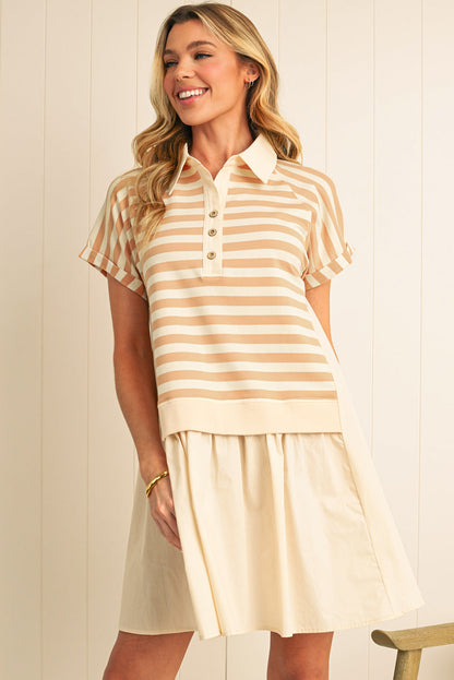 Khaki Striped Patchwork Short Sleeve Collared Mini Dress