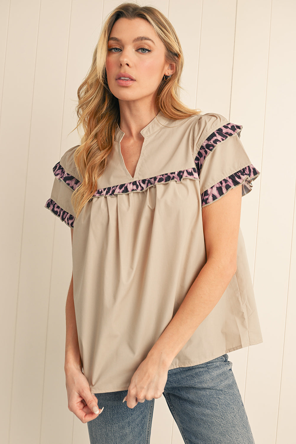 Smoke Gray Leopard Frill Detail V Neck Blouse