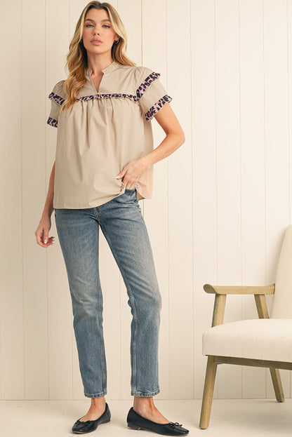 Smoke Gray Leopard Frill Detail V Neck Blouse