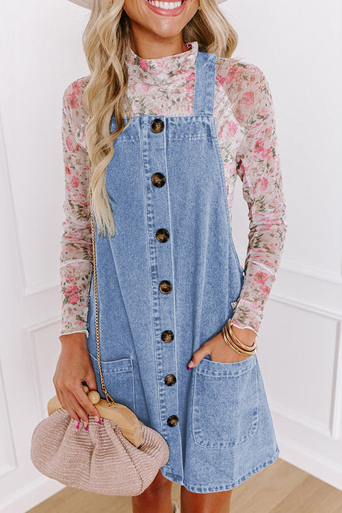 Dusk Blue Wide Strap Button Front Pocketed Denim Short Dress