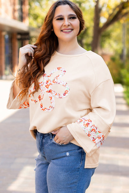 Beige Flower Patched Side Slits Plus Size Top