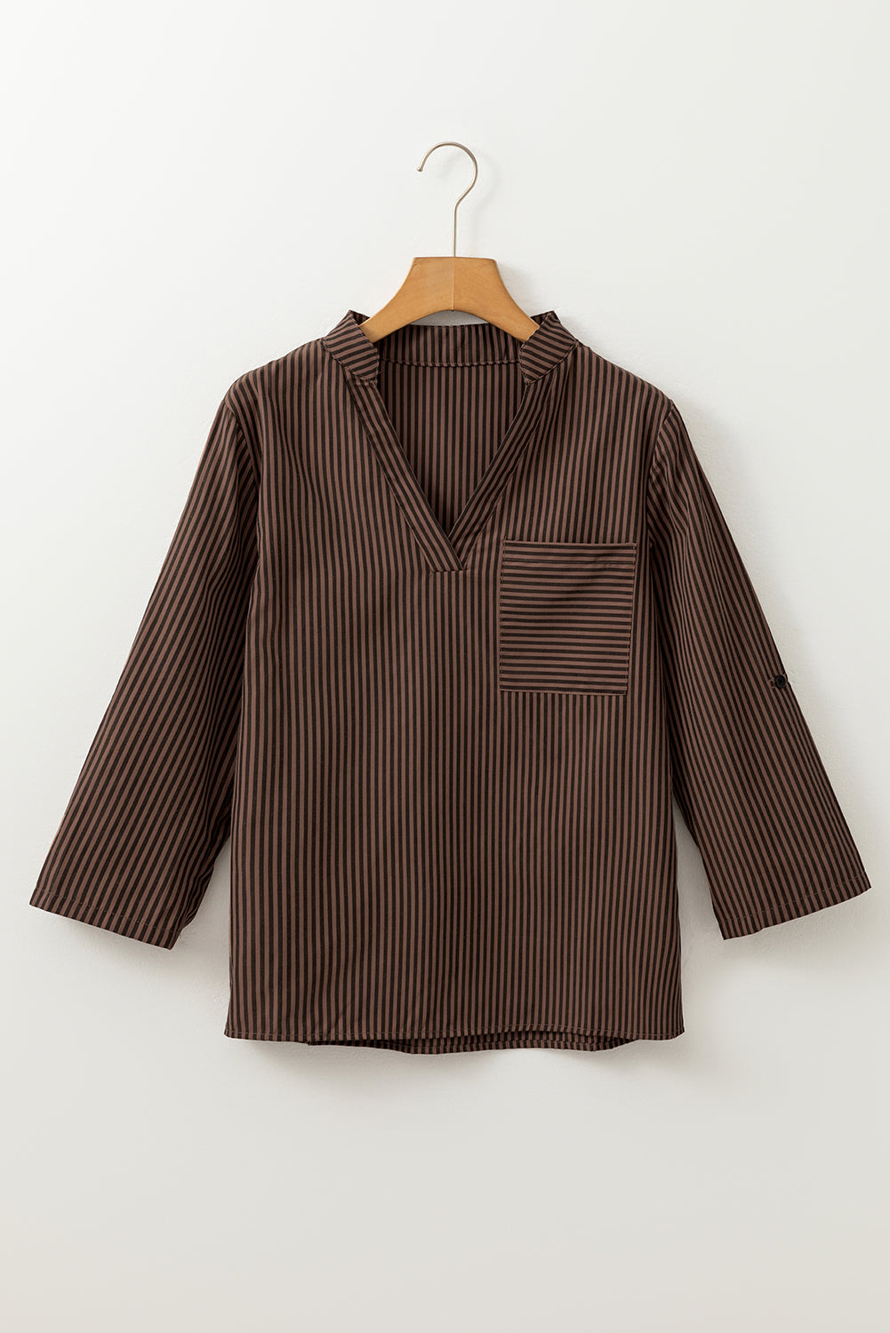 Green Stripe V Neck Pocket Roll-Up Sleeve Shirt