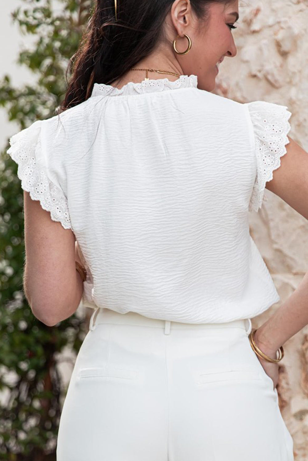 White Embroidered Ruffle Trim Crinkle Blouse