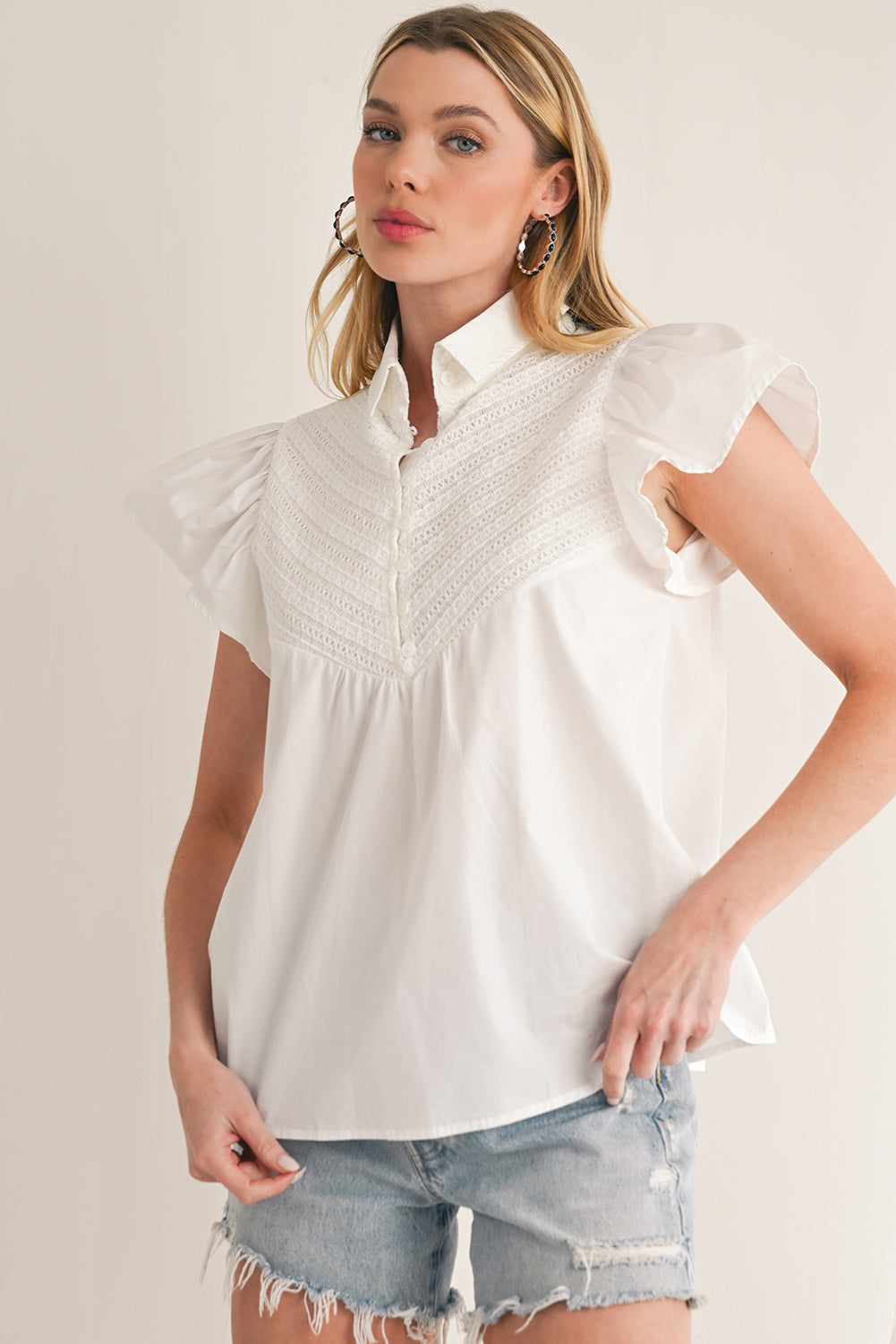 White Crochet Patchwork Ruffle Sleeve Blouse