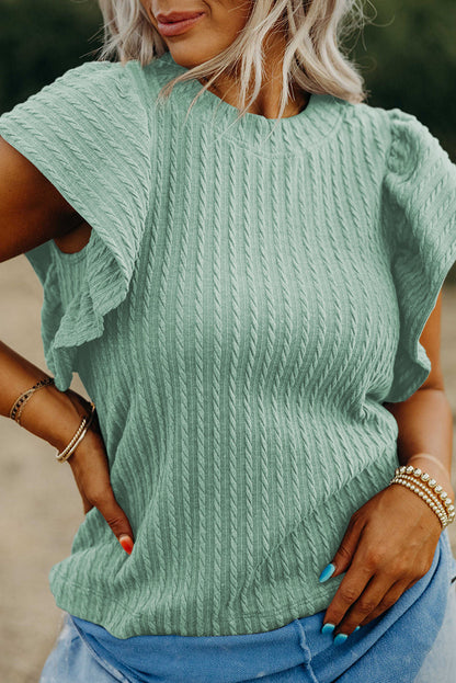 Moonlight Jade Solid Color Textured Ruffle Short Sleeve Knit Top