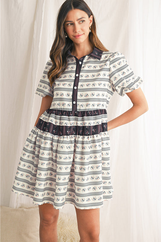 Black Boho Striped Floral Bubble Sleeve Mini Dress