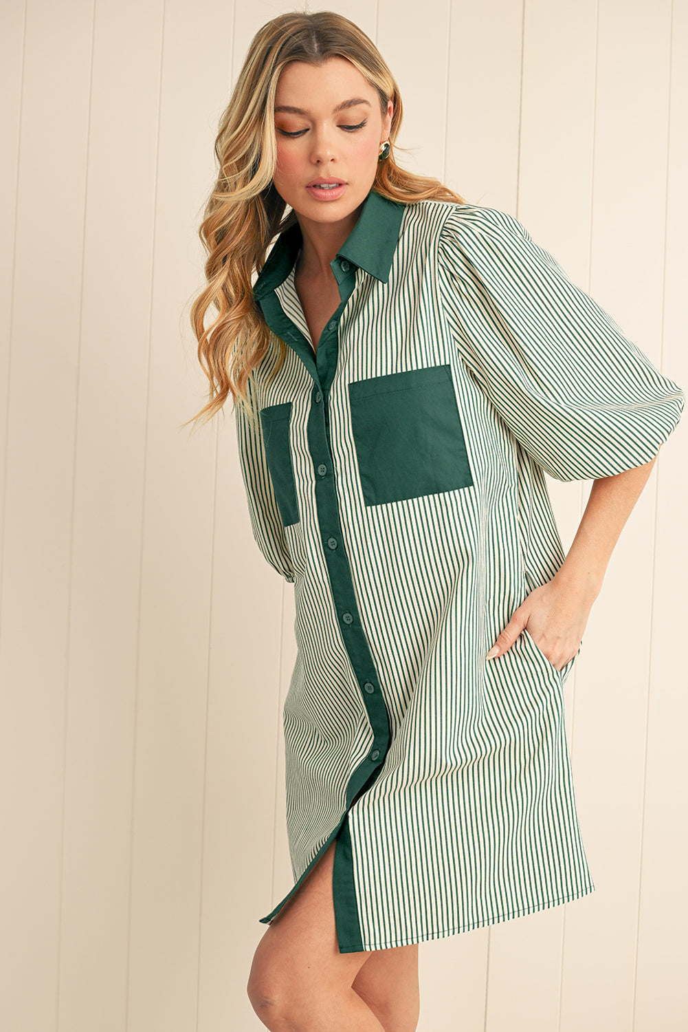 Green Patch Pockets Button Down Short Puff Sleeve Dress