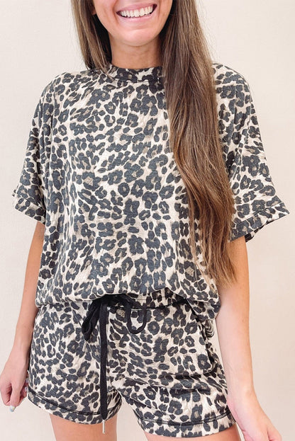 Black Leopard Print Tee and Shorts Pajama Set