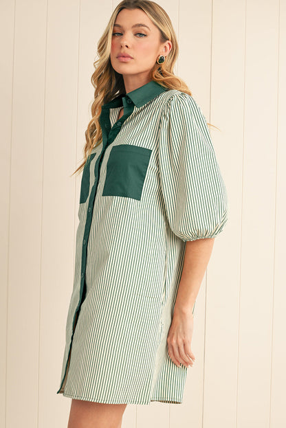 Green Patch Pockets Button Down Short Puff Sleeve Dress