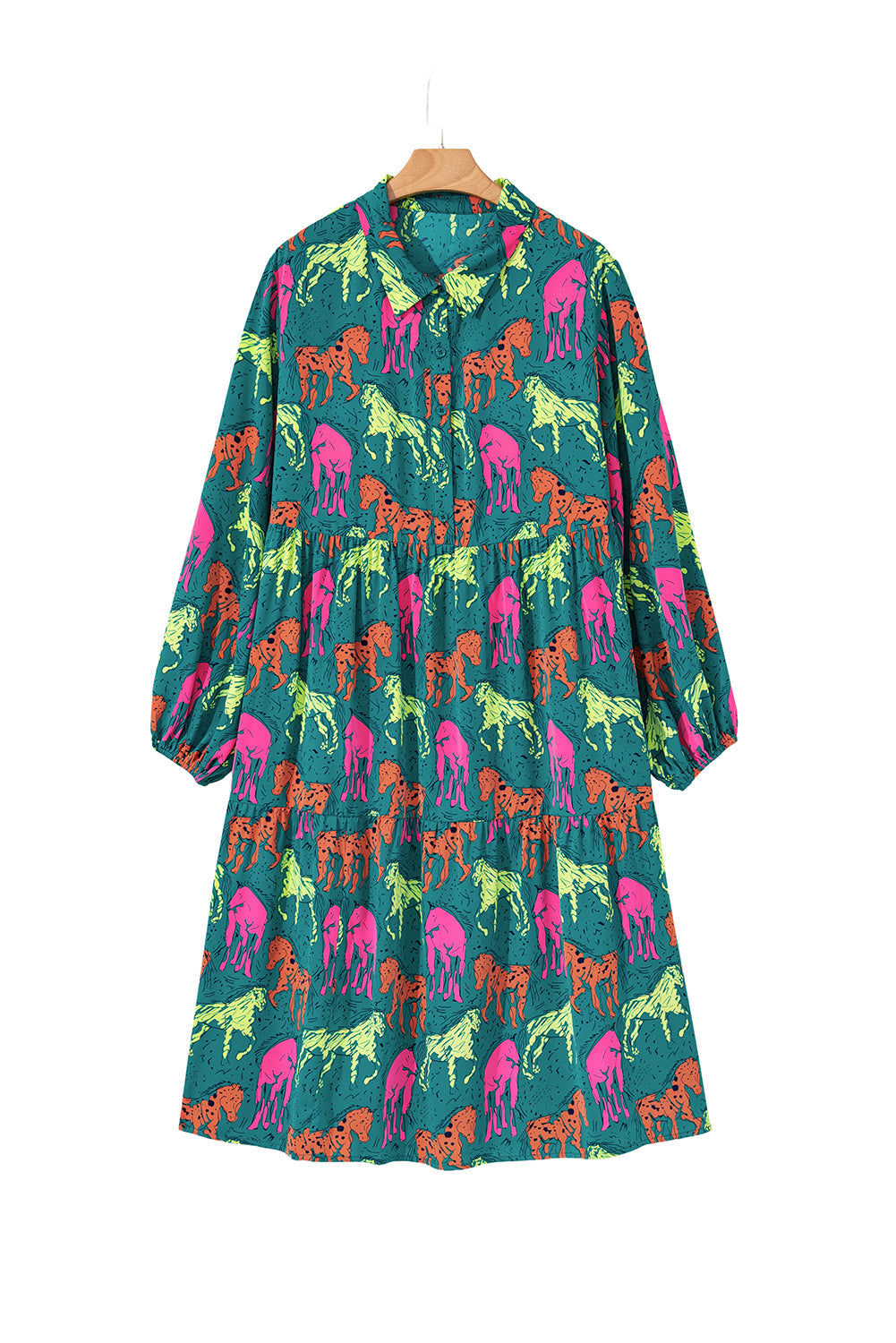 Green Horse Print Long Sleeve Collared Button Plus Size Midi Dress