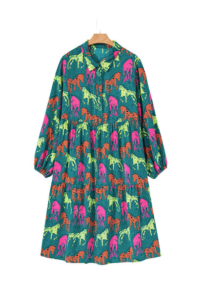 Green Horse Print Long Sleeve Collared Button Plus Size Midi Dress