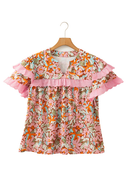 Multicolour Boho Floral V-Neck Ruffle Blouse