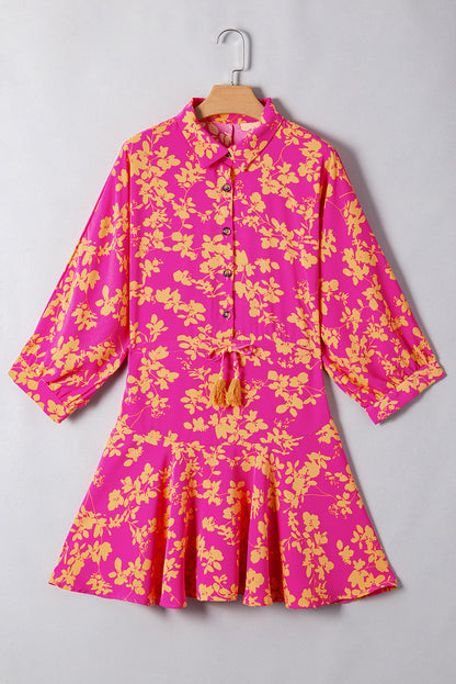 Pink Floral Print Drawstring Flowy Short Dress