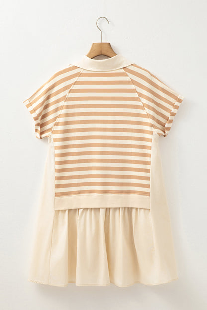 Khaki Striped Patchwork Short Sleeve Collared Mini Dress