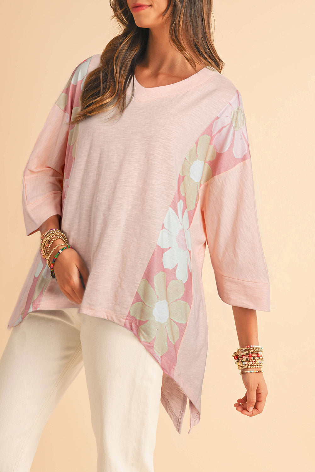 Pink Patchwork 60s Flower V Neck Bracelet Sleeve Oversized Top