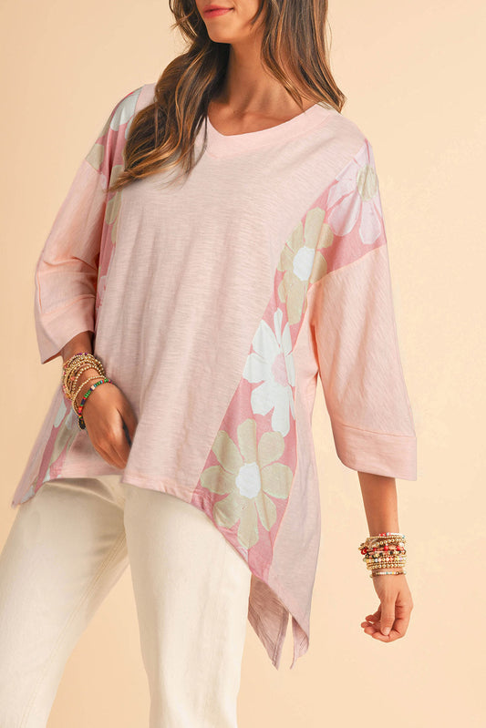 Pink Patchwork 60s Flower V Neck Bracelet Sleeve Oversized Top