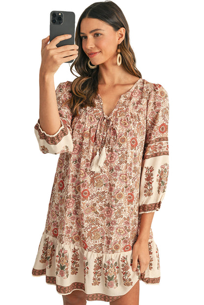 Apricot Floral Print Tassel Drawstring V Neck Loose Mini Dress