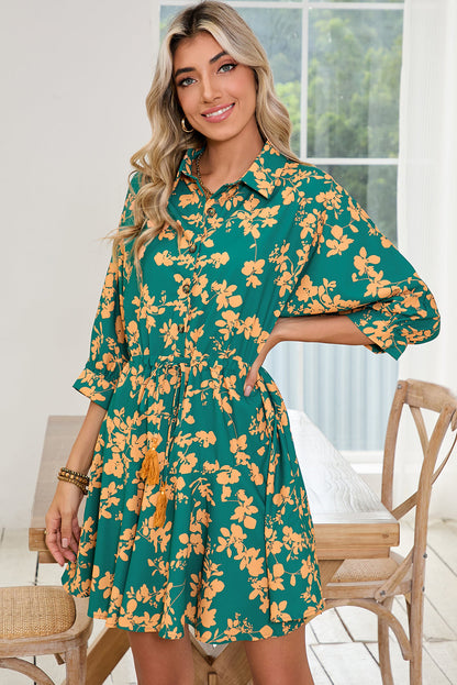 Pink Floral Print Drawstring Flowy Short Dress