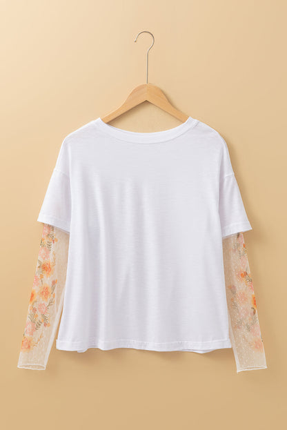 White Floral Mesh Patchwork Sleeve Fake Two-Piece Top
