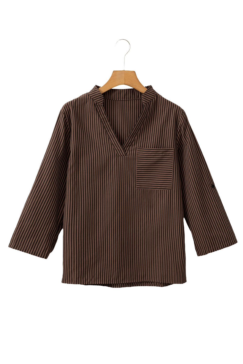 Green Stripe V Neck Pocket Roll-Up Sleeve Shirt