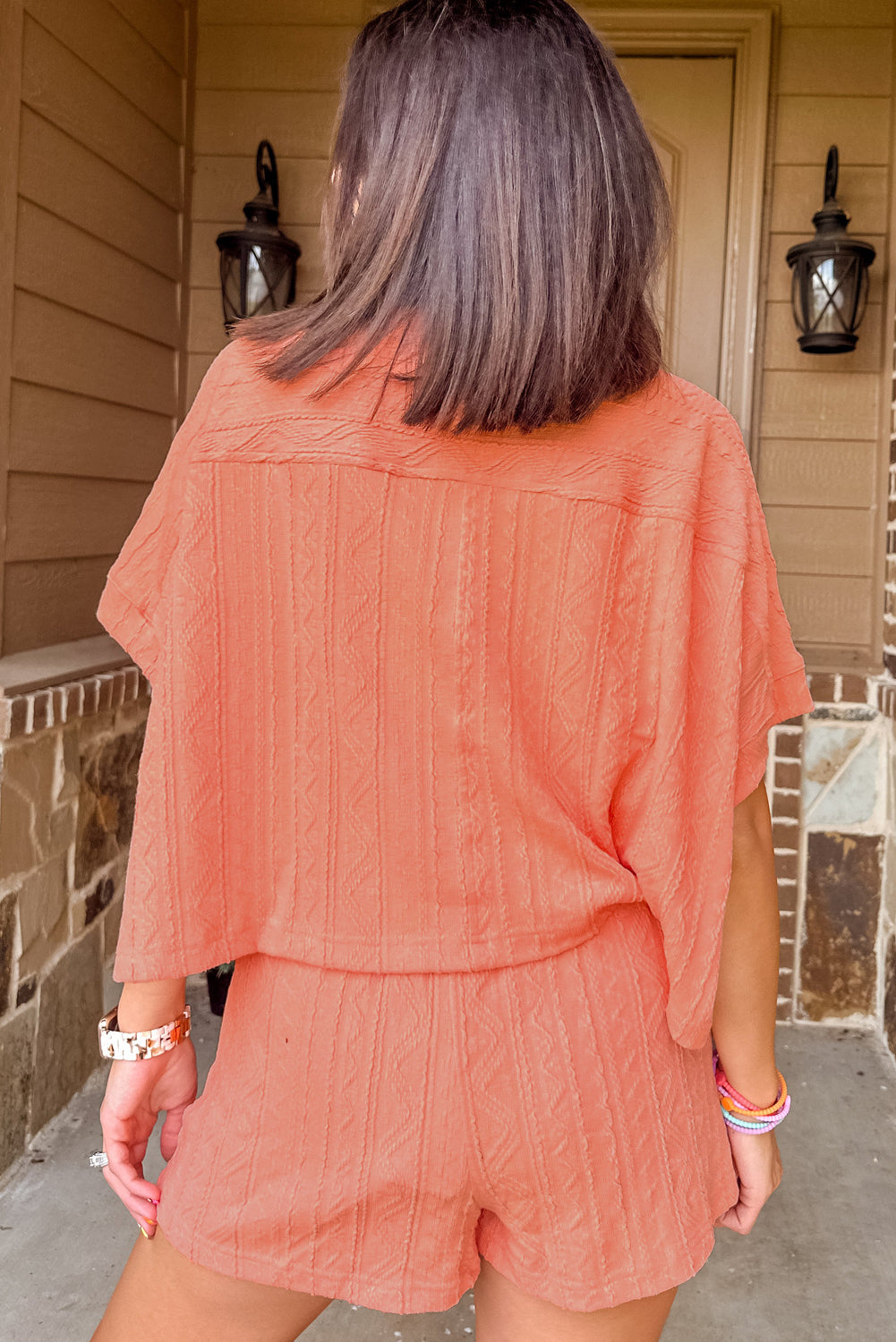 Pale Chestnut Textured Patched Pocket Short Sleeve Top and Drawstring Shorts Set