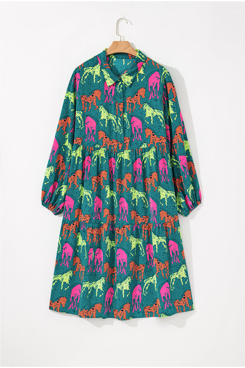 Green Horse Print Long Sleeve Collared Button Plus Size Midi Dress