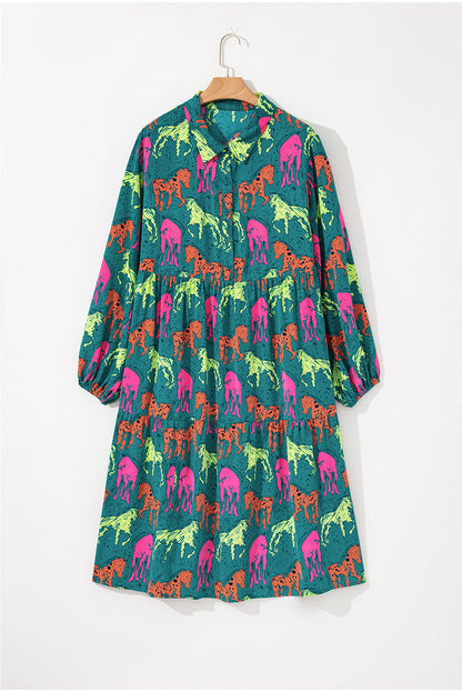 Green Horse Print Long Sleeve Collared Button Plus Size Midi Dress