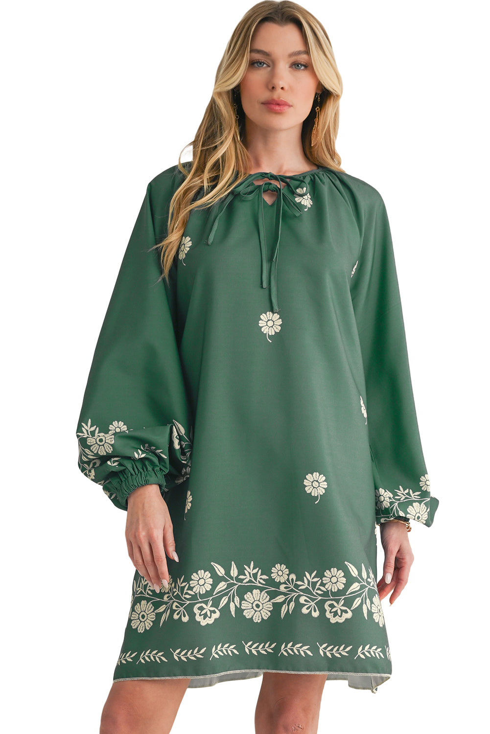 Mist Green Boho Floral V Neck Mini Dress