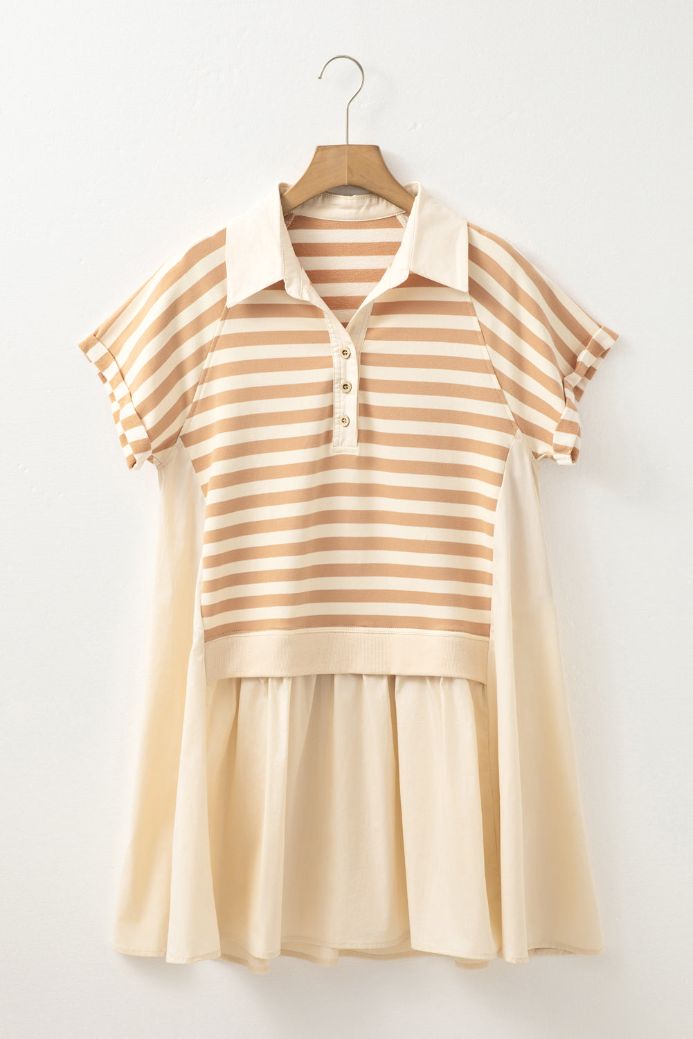 Khaki Striped Patchwork Short Sleeve Collared Mini Dress