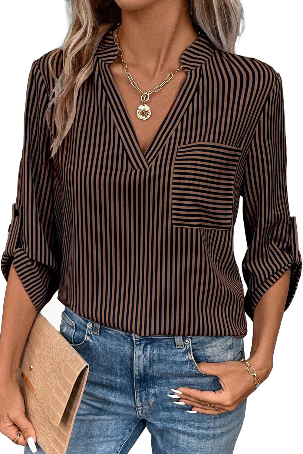 Green Stripe V Neck Pocket Roll-Up Sleeve Shirt