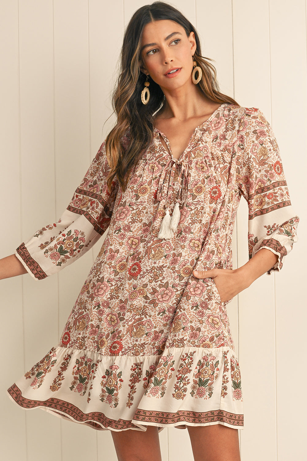 Apricot Floral Print Tassel Drawstring V Neck Loose Mini Dress