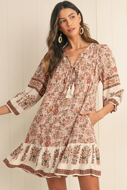 Apricot Floral Print Tassel Drawstring V Neck Loose Mini Dress