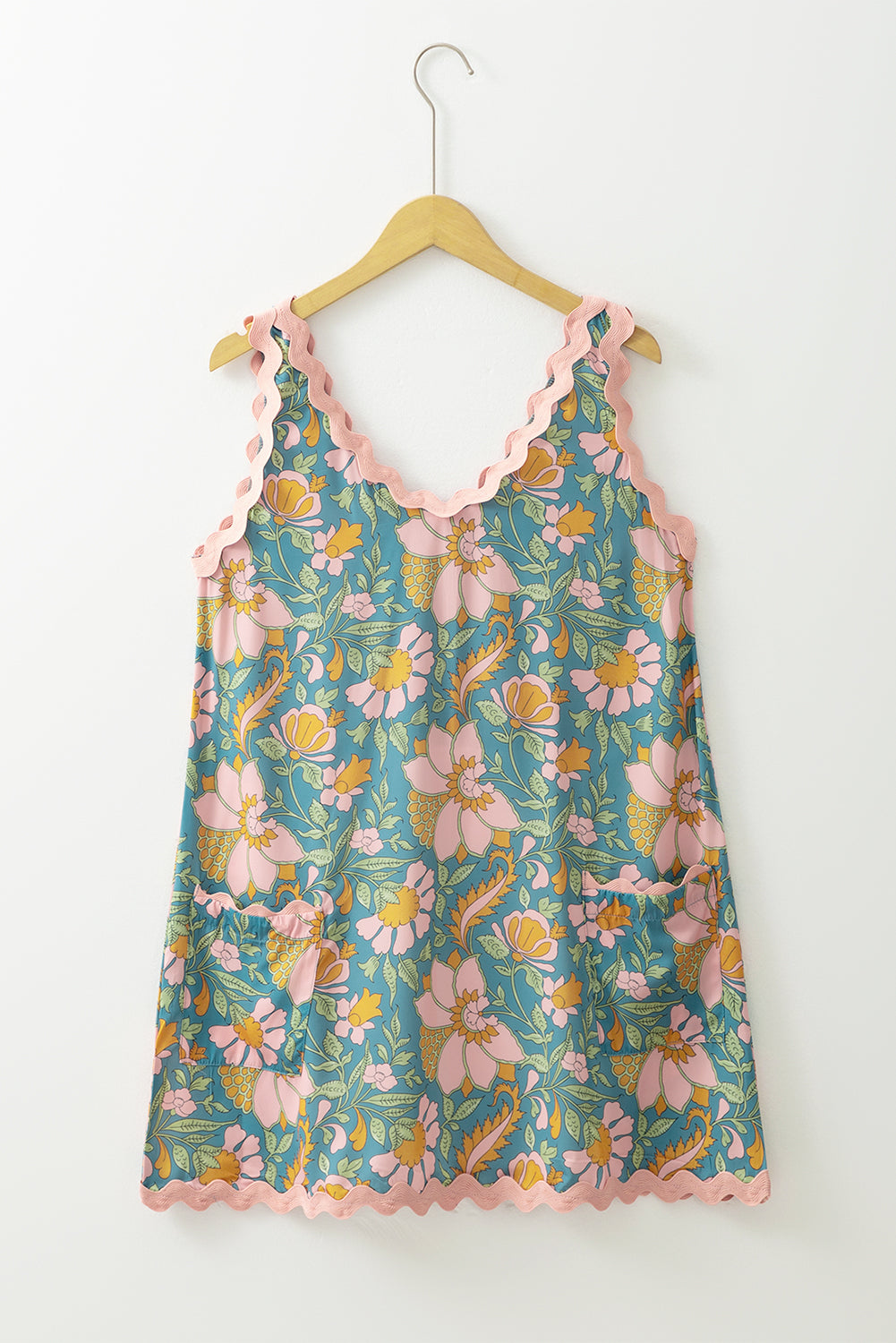 Sky Blue Allover Floral Print Ricrac Sleeveless Boho Mini Dress