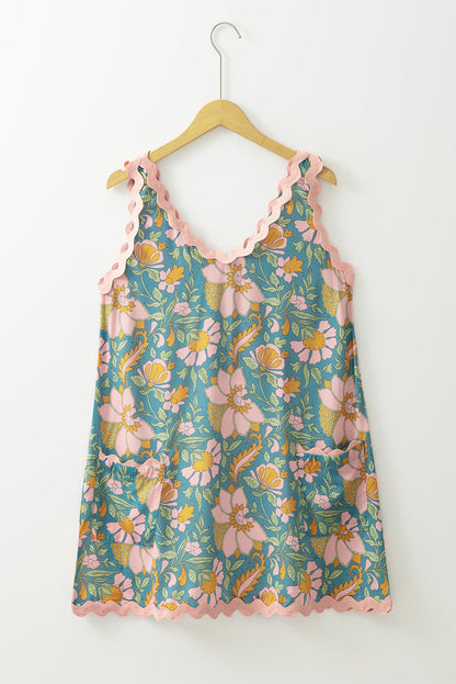 Sky Blue Allover Floral Print Ricrac Sleeveless Boho Mini Dress