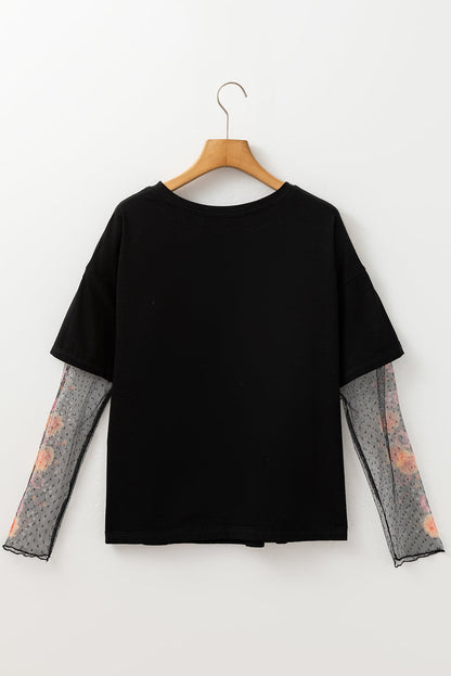 White Floral Mesh Patchwork Sleeve Fake Two-Piece Top