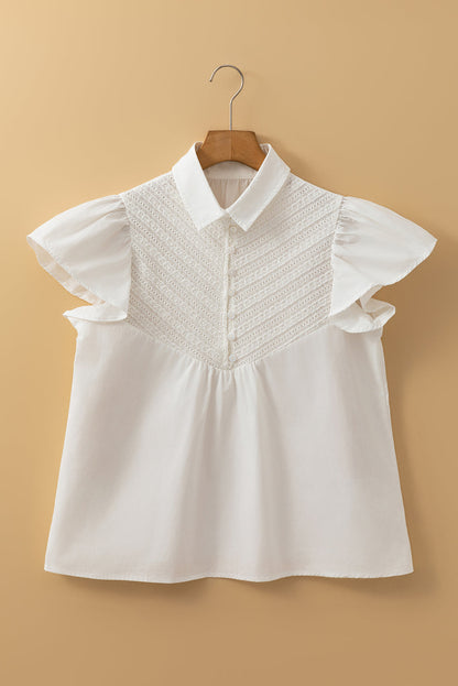 White Crochet Patchwork Ruffle Sleeve Blouse