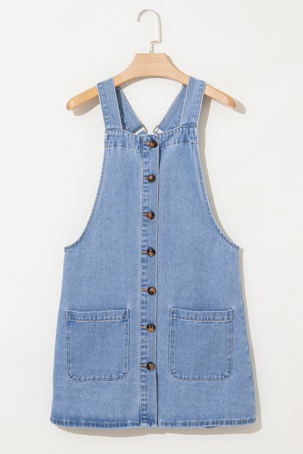 Dusk Blue Wide Strap Button Front Pocketed Denim Short Dress