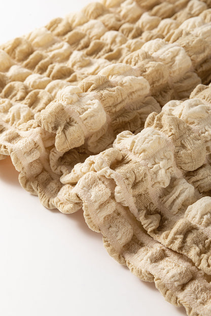 Beige Textured Frill Trim Smocked Puff Sleeve T Shirt