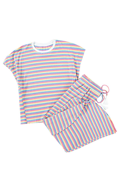 Pink Stripe Rainbow Tee and Tassel Drawstring Wide Leg Pants Set